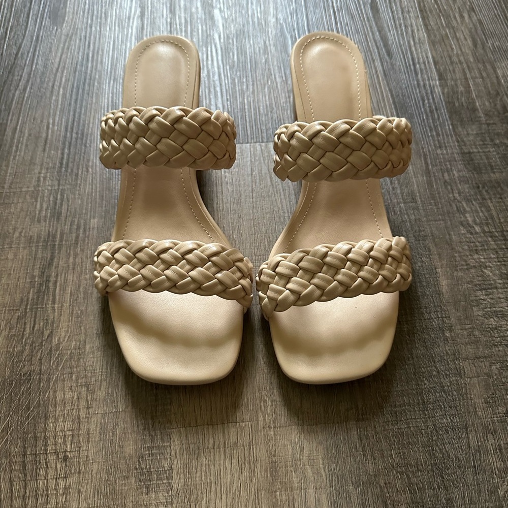 Tan Braided Sandals with Block Heel